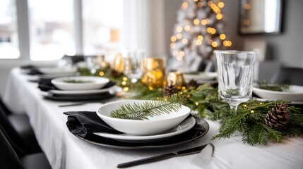 A minimalist Christmas dining table with clean white plates, black napkins, and a touch of green garland around the table