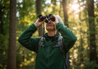 A woman in a green jacket uses binoculars while exploring a lush green forest.