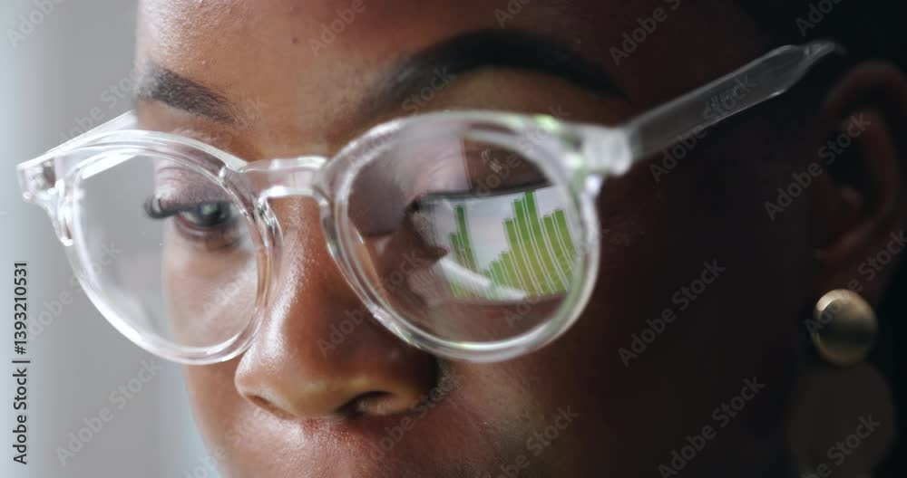 Aufkleber reflection, eyes and woman with glasses, business and vision for data analysis, graphs and scroll. r