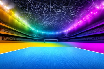 Vibrant Stadium Volleyball Court - A colorful indoor volleyball stadium, ready for a thrilling game. Symbolizing energy, competition, teamwork, victory, and excitement