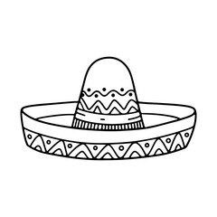 Festival sombrero with geometric ornament. Mexican traditional hat in doodle style.