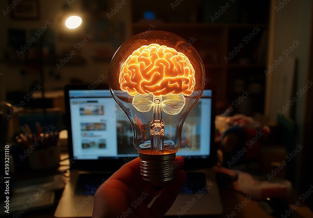 Poster Glowing Brain in Light Bulb Idea Generation Creative Thinking and Innovation Concepts for Business and Science : Generative AI
