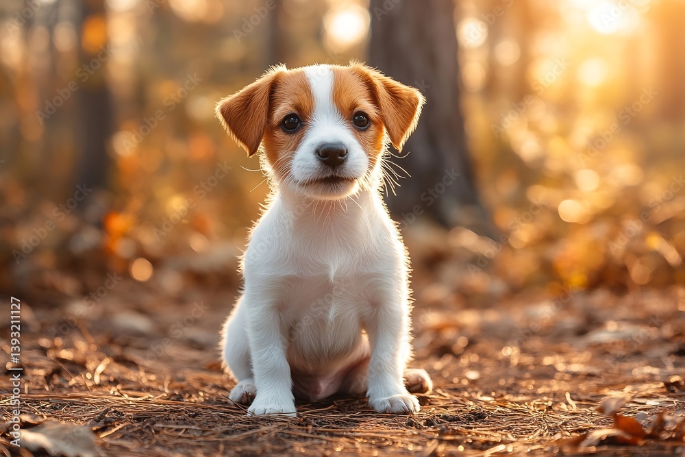 Poster adorable jack russell puppy sitting pretty in golden light of autumn forest with cute face and playf