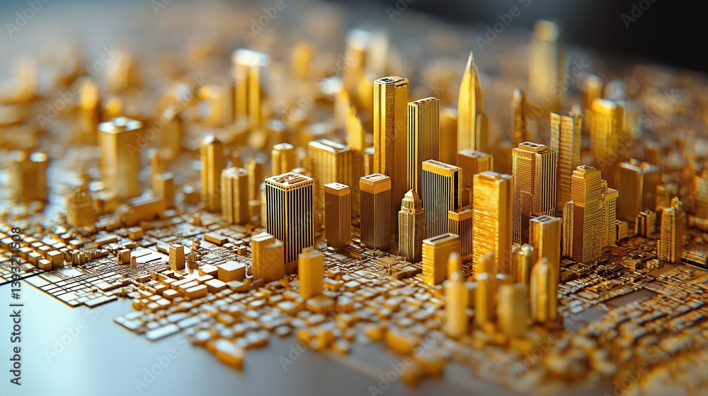 Poster golden miniature futuristic city built on circuit board surface, symbolizing data-driven smart citie
