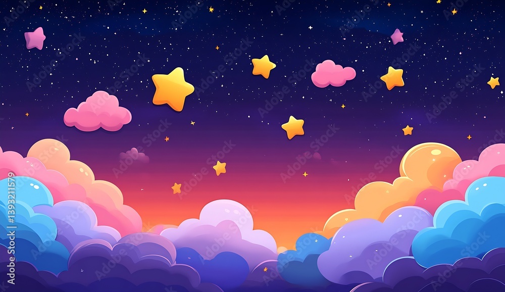 Poster vibrant sunset horizon with whimsical clouds and playful stars in a serene landscape : generative ai