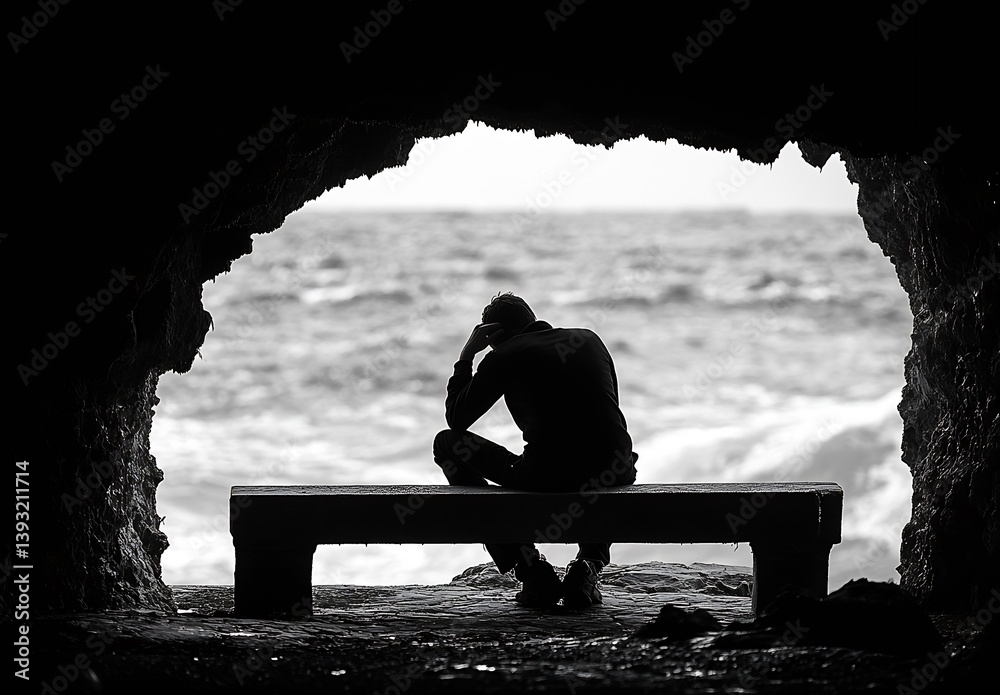 Poster thoughtful man sitting on a bench in a rocky tunnel while gazing at the turbulent sea : generative a