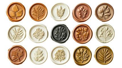 Diverse wax seals with botanical designs collection, cut out transparent