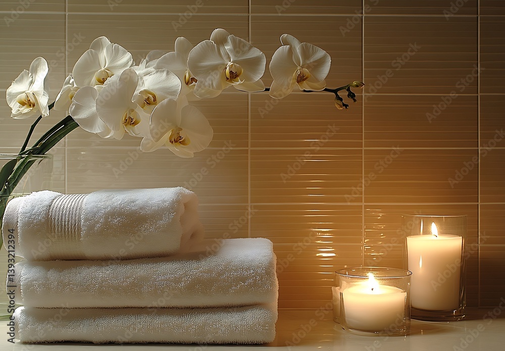 Poster elegant spa scene white orchids fluffy towels and glowing candles for relaxation and tranquility lux
