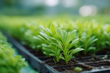 serene shot of plant nursery with rows of seedlings growing in trays environment bright and organized for professional