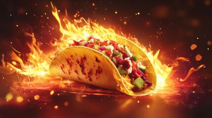 Ultra-realistic taco on fire with vivid flames. Sleek 8K graphic art, vibrant and modern.