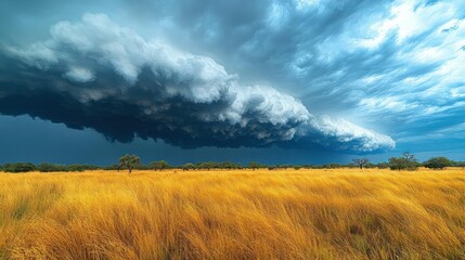 Dramatic storm clouds over a golden savanna