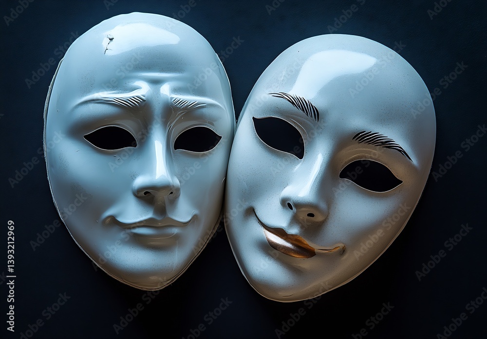 Poster Elegant close up of two theatrical masks symbolizing drama with intricate features in stark contrast on a dark surface : Generative AI