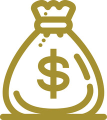 Black and White Vector PNG Illustration of a Money Bag Featuring a Drawstring at the Top, with a Dollar Sign in the Center, Representing Wealth, Savings, or Financial Transactions.