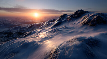 Fototapeta premium Sunset over snowy mountains, casting a golden hue across the cold terrain.