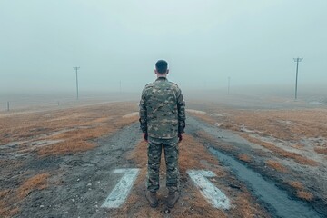 Naklejka premium Soldier stands alone on a foggy road in an abandoned countryside landscape during early morning hours