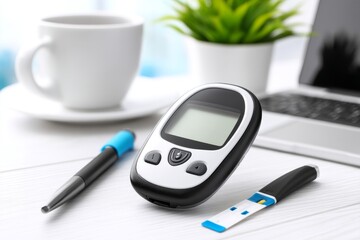 Blood Glucose Meter and Test Strip on Desk - Closeup of a blood glucose meter with a test strip, pen, and coffee cup on a desk near a laptop