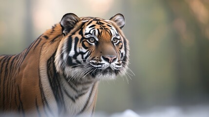 Fototapeta premium siberian tiger glances into distance in snowy forest highlighting its striking patterned fur