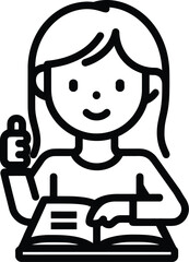 Black and White Vector PNG Illustration of a Person Reading a Book at a Table, Gesturing a Thumbs-Up While Pointing at the Text.