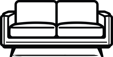  Black and White Vector PNG Illustration of a Sofa with Armrests, Two Cushions, and Four Angled Legs in a Minimalist Style.