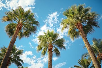 Palm Trees Against Bright Blue Sky and Fluffy White Clouds Vacation Tropical Paradise Summer Travel Destination : Generative AI