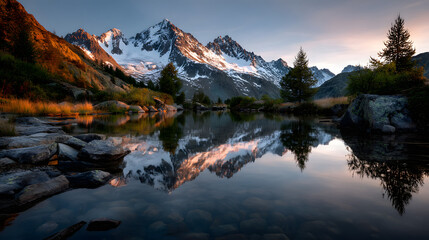 Fototapeta premium Sunset over the Alps with the snow-covered peaks glowing in warm golden tones, mirrored perfectly in the crystal-clear water of a mountain lake.