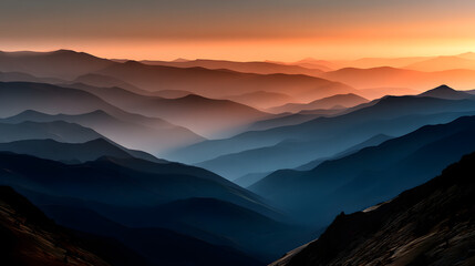Obraz premium Sunset shadows cast long across layered mountains and sky.