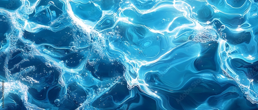 Poster Abstract Water Surface Texture with Blue Waves and Bubbles Refreshing Liquid Background with Sparkling Light Reflections : Generative AI