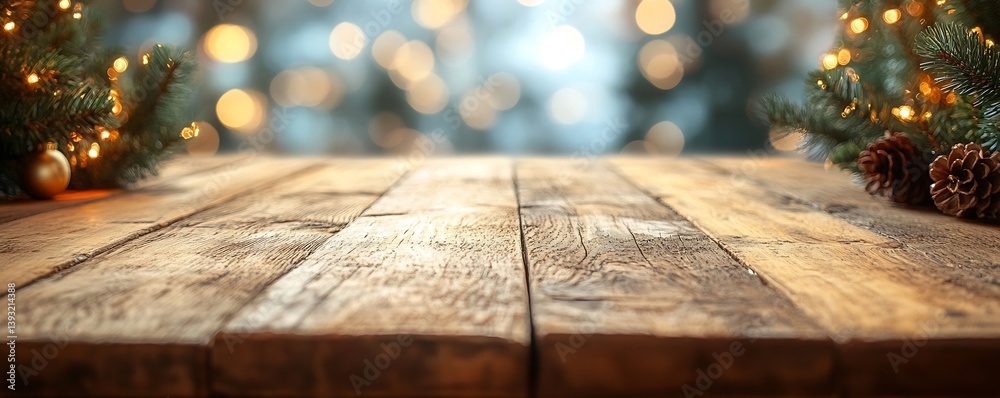 Poster rustic wooden table top with christmas tree and holiday lights background festive holiday scene for 