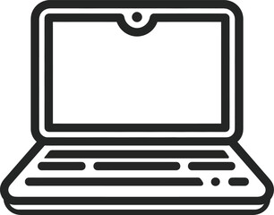 Black and White Vector PNG Illustration of an Open Laptop Displaying a Blank Screen, Featuring a Top-Center Notch, Keyboard, and Touchpad Below.