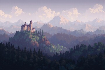 Fototapeta premium AI-Generated Pixel Art Castle Nestled in Rugged Mountains with Dense Forests: Retro Fantasy Scene of Epic Adventure