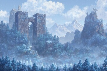 Pixel Art Medieval Castle Amidst Rugged Mountains and Dense Forests: AI-Created Retro Fantasy Landscape

