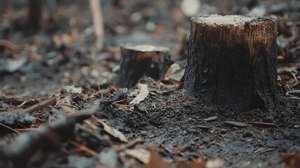 Fototapeta premium Tree stumps on forest floor with leaves and twigs in a natural setting.
