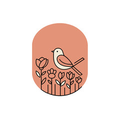 Bird in a Garden Minimalist Line Art Illustration