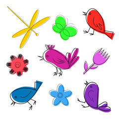 A set of icons depicting birds, flowers, butterflies and dragonflies isolated on a white background. Linear style, color spot. Spring vector illustration for projects