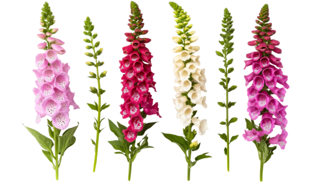 Foxglove flower inflorescence, digitalis blooming, vibrant colors , cut out transparent
