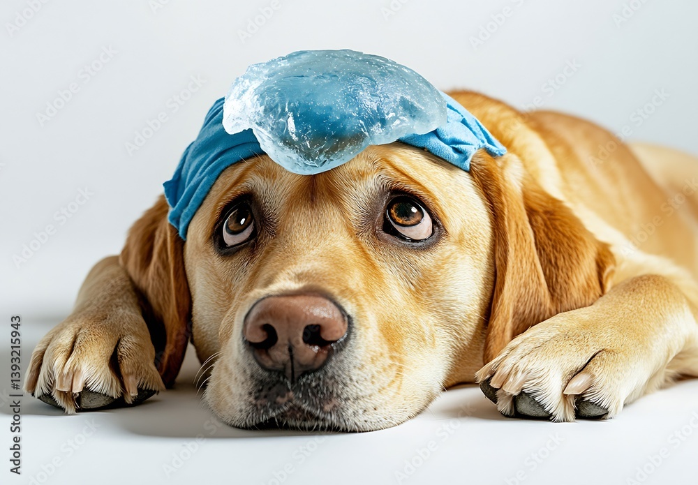 Poster humorous labrador lying down with ice pack on head to relieve discomfort and show charm : generative