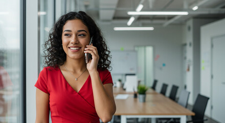 Fototapeta premium A confident young businesswoman in a vibrant red dress enjoys a cheerful phone call in a modern, bright office with soft natural light.