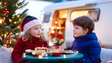 Christmas Camper Kids Enjoying Treats