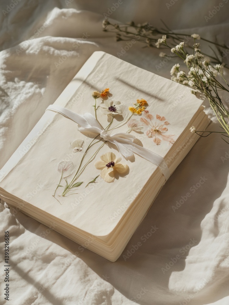 Poster cream-colored journal with pressed flowers beside soft light and delicate fabric by the window in a 