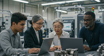 A diverse team of engineers collaborates on a project in a modern factory, deeply engrossed in their laptops and showing focused determination in a bright, clean workspace.