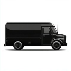 Black delivery truck parked on the street during daylight with clear blue sky and minimal surroundings