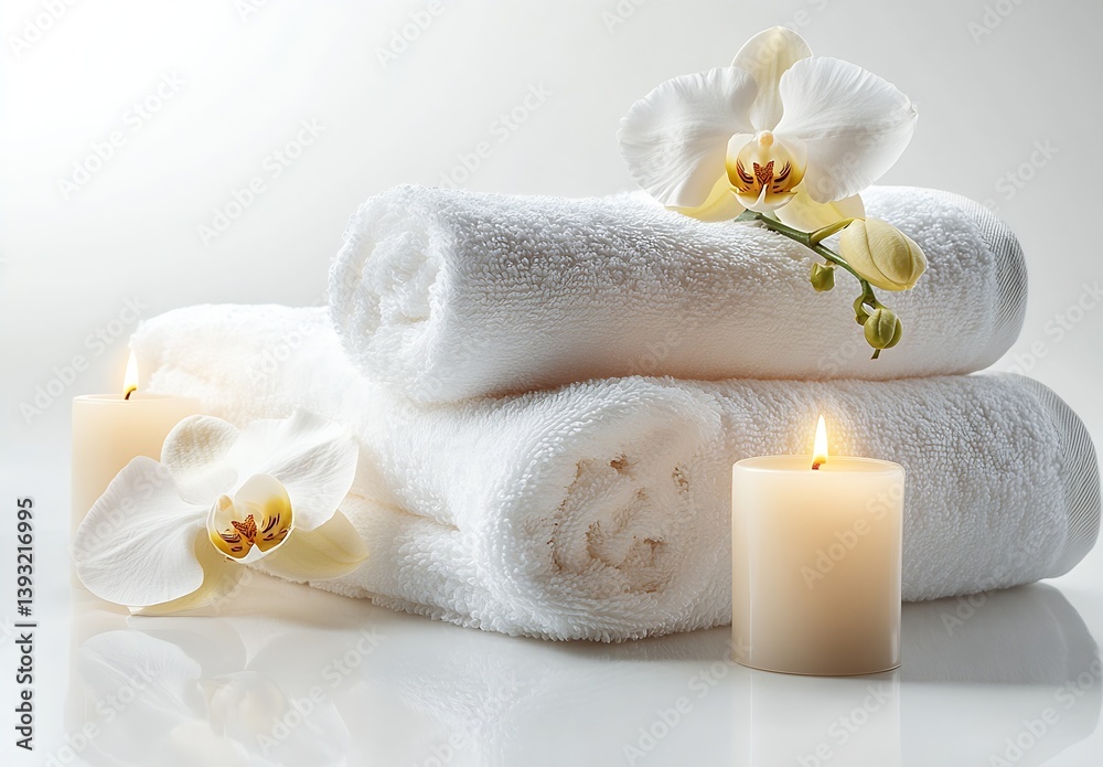 Poster elegant spa setting featuring plush towels delicate orchid blooms and gentle candlelight : generativ