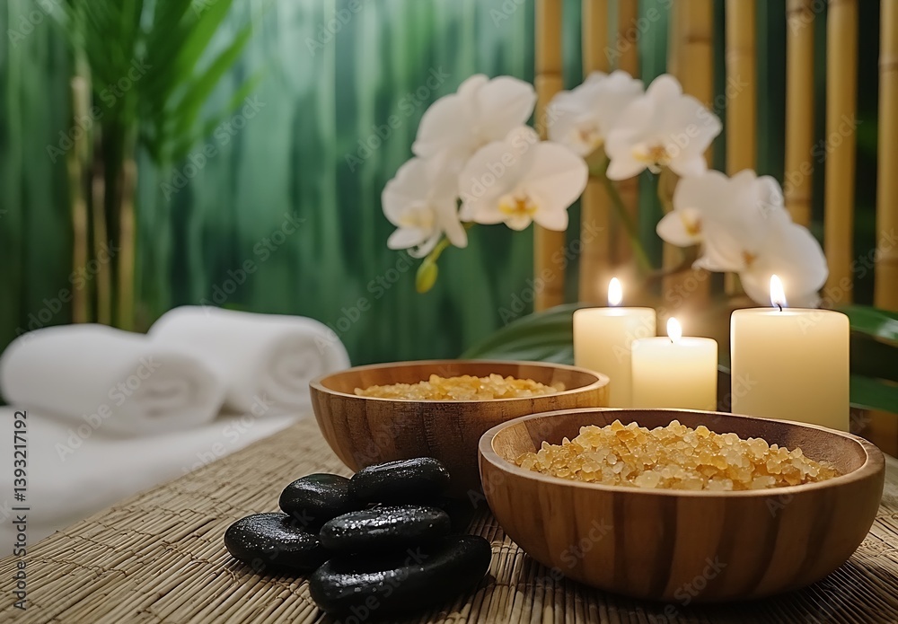 Poster Spa Setting with Candles Flowers and Relaxation Elements Wellness and Self Care in Zen Ambience with Bamboo : Generative AI