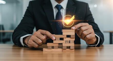 Professional businessman in suit at office desk holds a puzzle piece and a house, symbolizing business solutions
