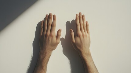 Two male hands are shown flat against a white background, casting shadows. The image has a minimalist aesthetic, highlighting the hands and their subtle details.