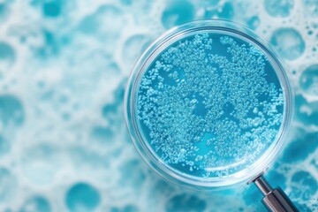 A petri dish under a magnifying glass reveals a vibrant blue culture of microorganisms, showcasing scientific research.