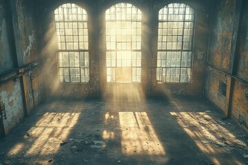 Sunbeams illuminating an abandoned factory interior