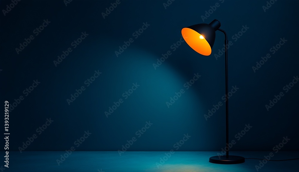 Poster chic minimalist floor lamp glowing softly against a rich blue wall creating a cozy atmosphere : gene