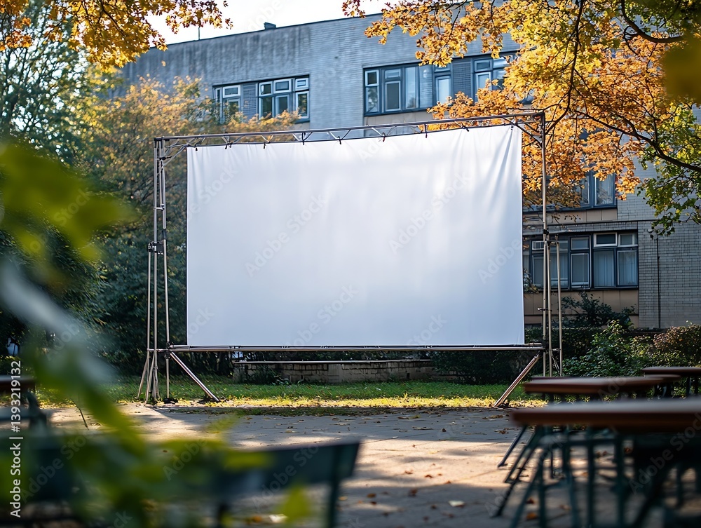 Poster Outdoor Movie Screen Setup in Park Setting with Trees and Building in Background : Generative AI