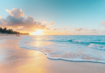 Tropical Beach Sunset Golden Hour Ocean Waves and Palm Trees Peaceful Paradise for Vacation or Relaxation : Generative AI